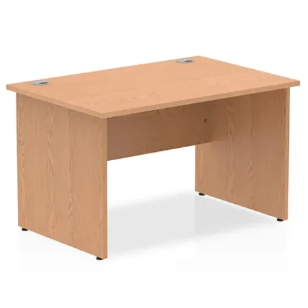 Modern office desk with a sleek wooden finish and metal legs.