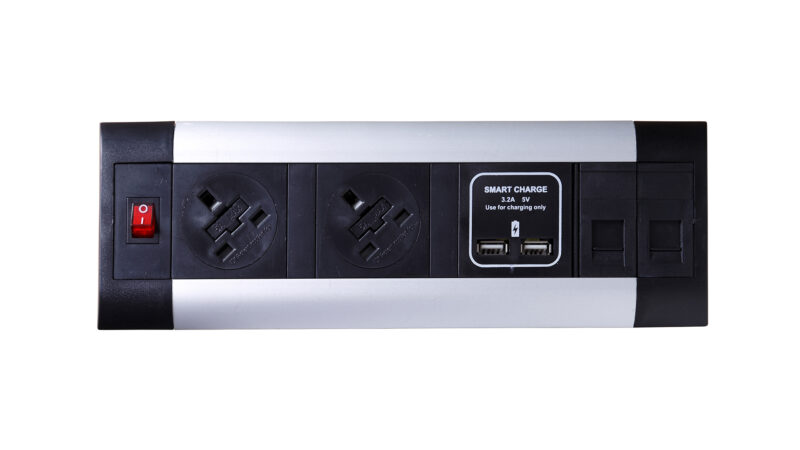 Impulse Desktop Module 2 x 5A UK Sockets, 1 x Neon Switch, 1 x 500mm Lead to 3 Pole Connector in Black - Image 2